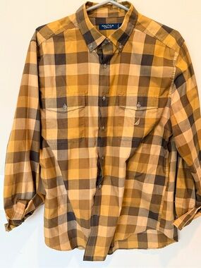 Men's Nautica Brown and Yellow Plaid Shirt- Large